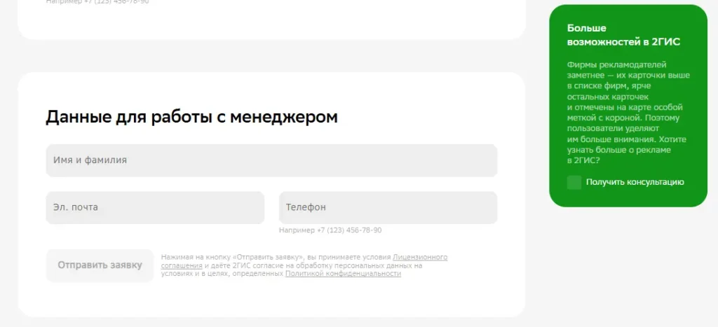Скриншот 2ГИС информация для менеджера