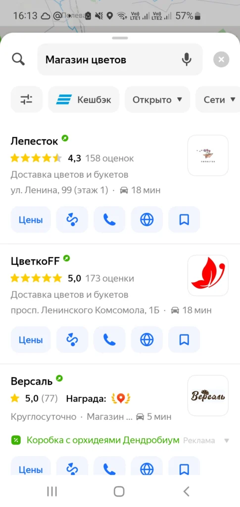 Скриншот список приоритетное размещение Яндекс Карты