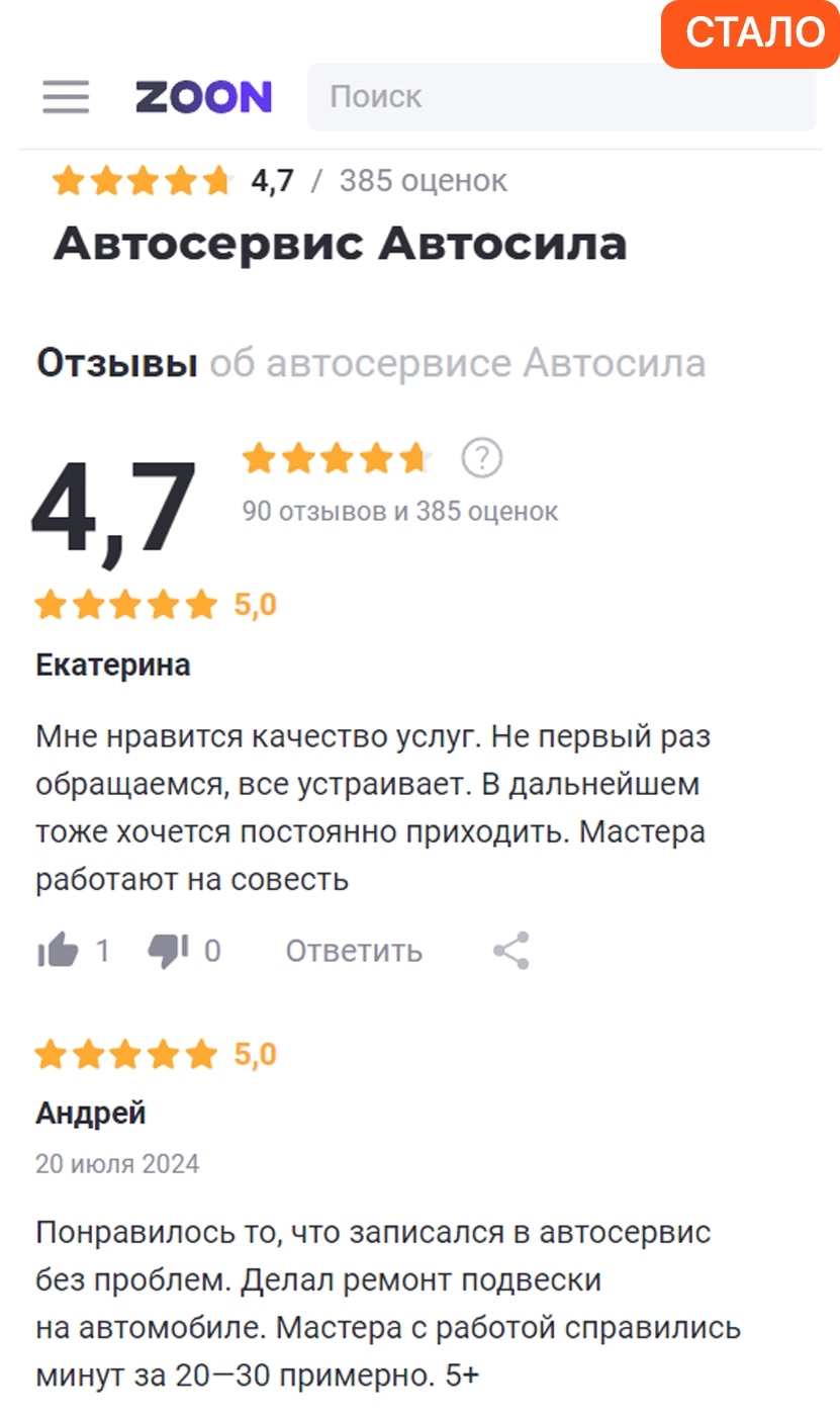 Профиль компании после написания отзывов